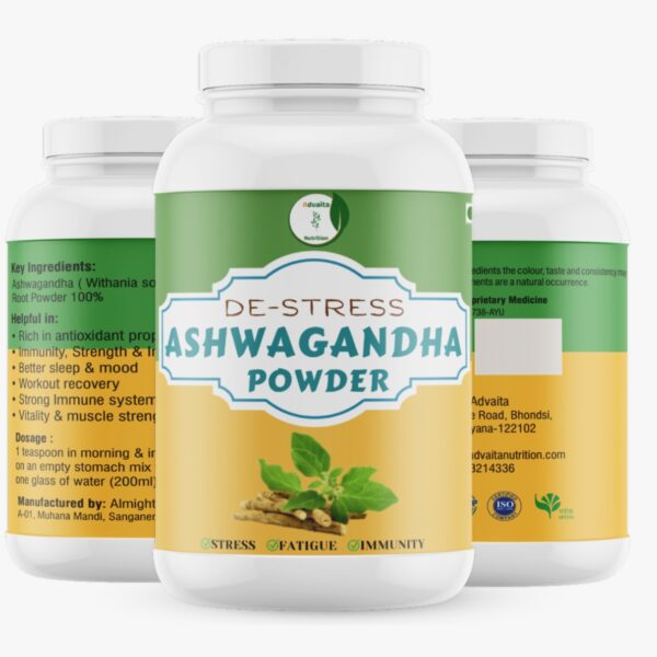 Key Ingredients: Ashwagandha ( Withania so Root Powder 100% Helpful in: • Rich in antioxidant prof • Immunity, Strength & Ir • Better sleep & mood • Workout recovery • Strong Immune system • Vitality & muscle streng Dosage : 1 teaspoon in morning & ir on an empty stomach mix one glass of water (200ml) Manufactured by: Almight A-01, Muhana Mandi, Sanganer edients the colour, taste and consistency may ments are a natural occurrence. prietary Medicine 738-AYU DE-STRESS ASHWAGANDHA POWDER Advaita e Road, Bhondsi, yana-122102 idvaitanutrition.com 3214336 、セリ ATHENS ISO 0415 APEDA OSTRESS FATIGUE IMMUNITY