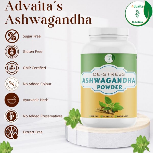 Advaita's Ashwagandha Advaita Nutrition Sugar Free GLUTEN Gluten Free FREE Advaita Nutrition GMP GMP Certified No Added Colour DE-STRESS ASHWAGANDHA POWDER Ayurvedic Herb No Added Preservatives STRESS FATIGUE IMMUNITY Extract Free