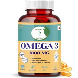 PRODUCT OF INDIA Aduaita Nutrition 60 50ft5O. soinsdEo OMEGA 3 1000 MG 180mg EPA Fish Oil 120mg DHA Odourless Sea Sardine Fish Heavy Metal Tested Heart Joints Eye Brain